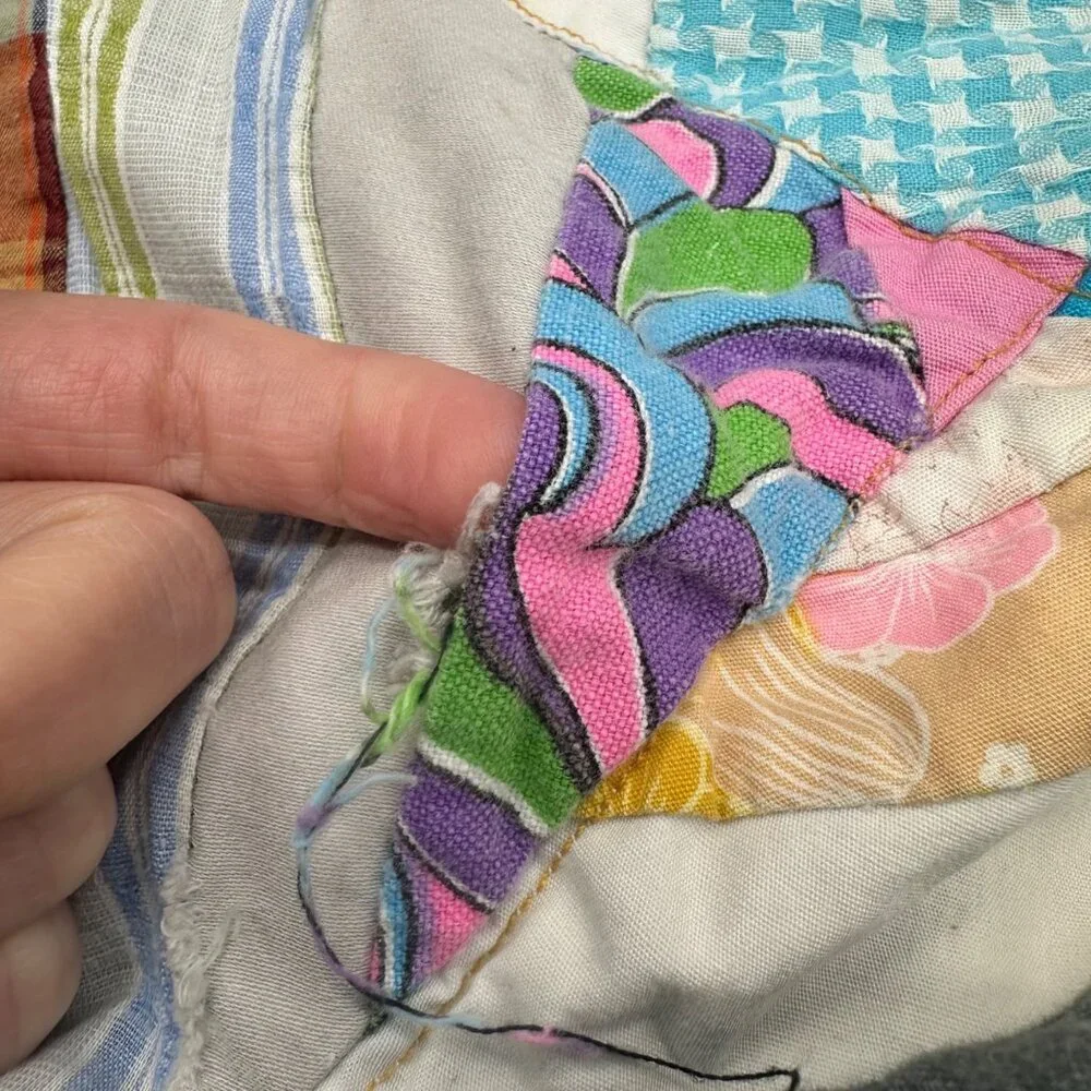 Vintage Patchwork Quilt Blanket Handmade 1960s Small Throw Belted Bison Rainbow